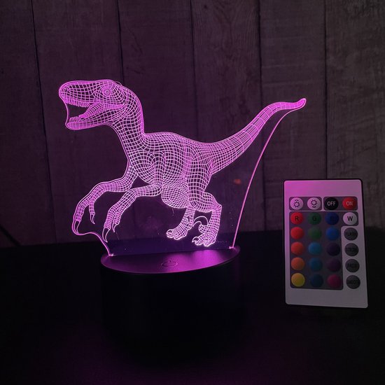 Klarigo® Veilleuse - Velociraptor - Lampe LED 3D Illusion - Dinosaurus - 16 Couleurs - Lampe de Bureau - Jurassic Park - Lampe d'ambiance - Jurassic World - Veilleuse Enfants - Creative - Télécommande