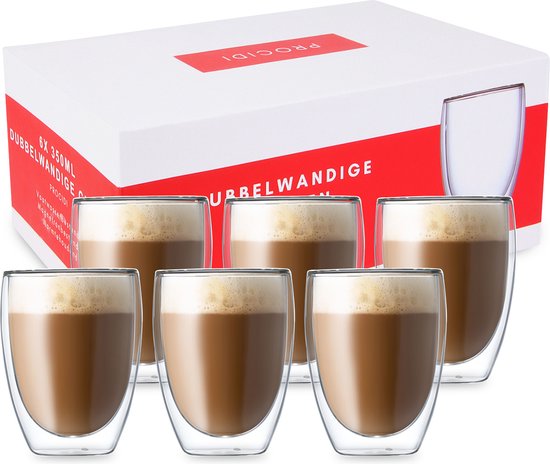 Dubbelwandige Koffieglazen - Set van 6 Theeglazen - Latte Macchiato Glazen - Cappuccino Kop - Borosilicaat Theeglas - Koffietassen - 350ml