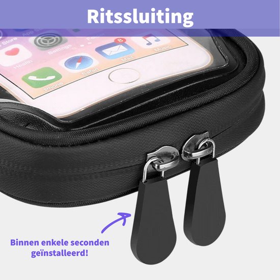 Zwarte telefoonhouder met dubbele rits, toont snelle installatie.