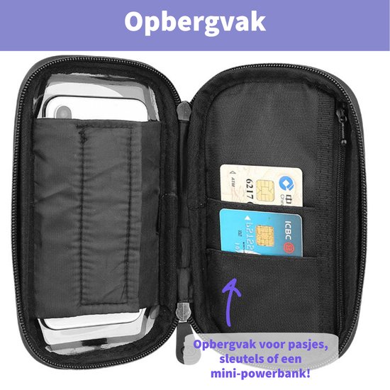 Zwarte telefoonhouder open met vakken voor pasjes, sleutels of mini-powerbank.