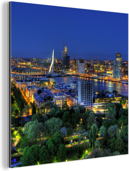 Wanddecoratie Metaal - Aluminium Schilderij Industrieel - Rotterdam - Nederland - Skyline - 90x90 cm - Dibond - Foto op aluminium - Industriële muurdecoratie - Voor de woonkamer/slaapkamer