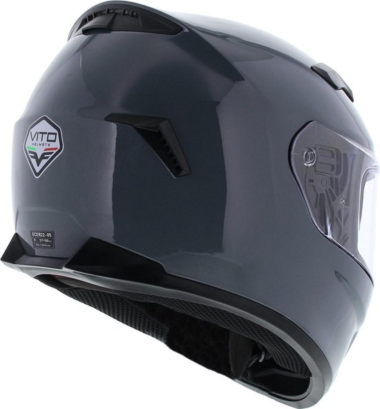 Achterkant donkergrijze integraalhelm met Vito logo, ECE-keurmerk en maat M.