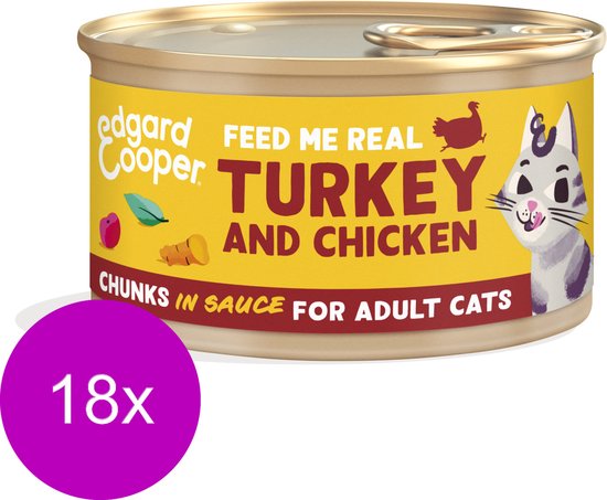Edgard & Cooper Kattenvoer Graanvrij Natvoer voor Katten Gesteriliseerde of Actieve Kat Natuurlijke Stukjes in Saus 85g x 18 Verse Kalkoen & Kip, Smakelijk en Uitgebalanceerd, Vers Vlees