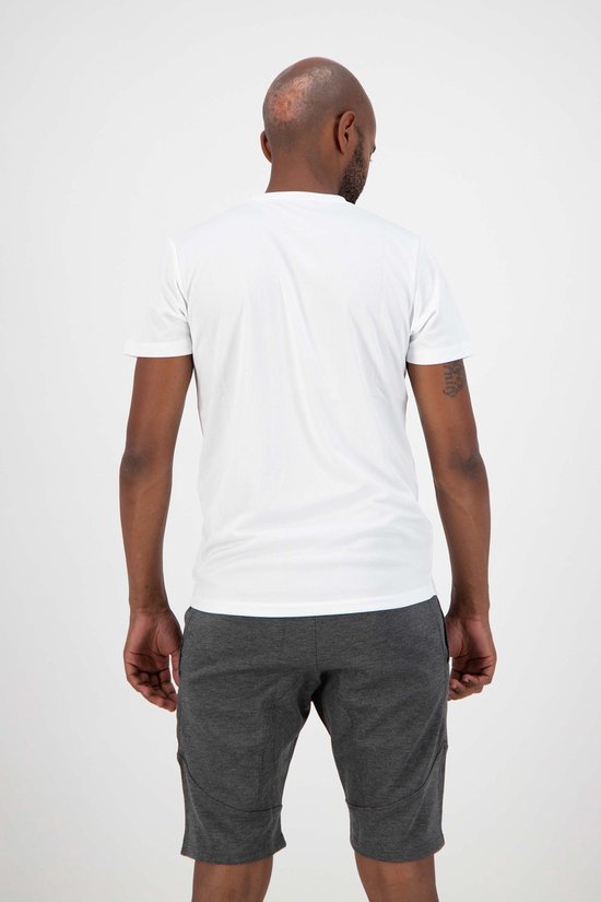 Homme portant un t-shirt de sport blanc Rogelli et un short gris, dos visible. Logo Rogelli sur l'épaule.