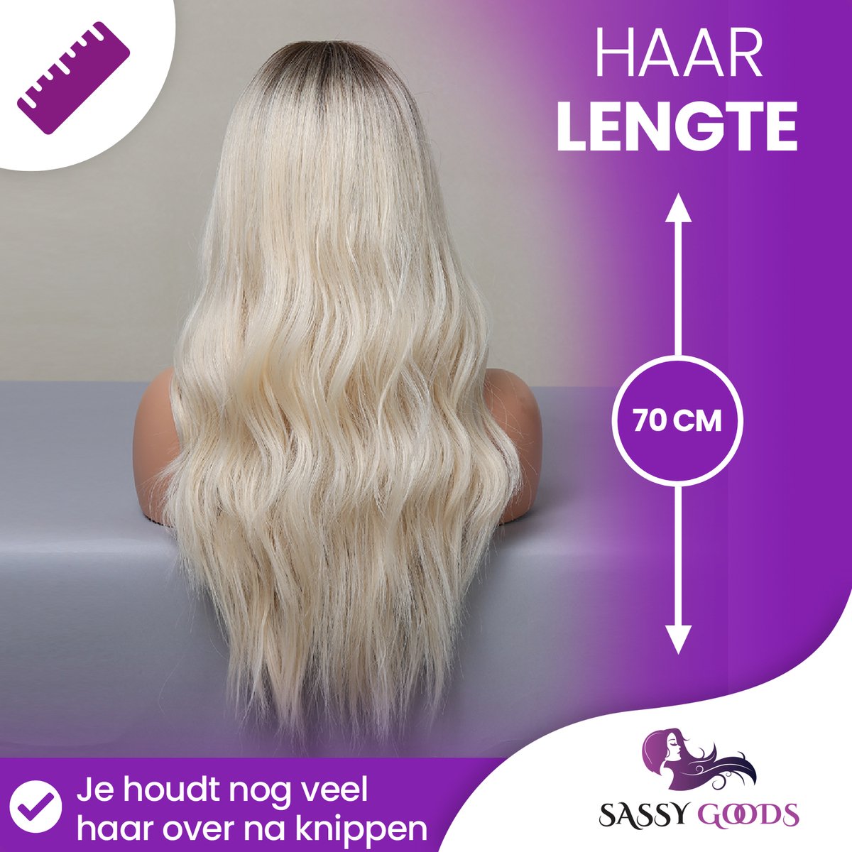 SassyGoods Blonde Pruik Blond - Pruiken Dames Lang Haar - Wig - Wasbaar - Incl. haarnetje - 70 cm — afbeelding 3