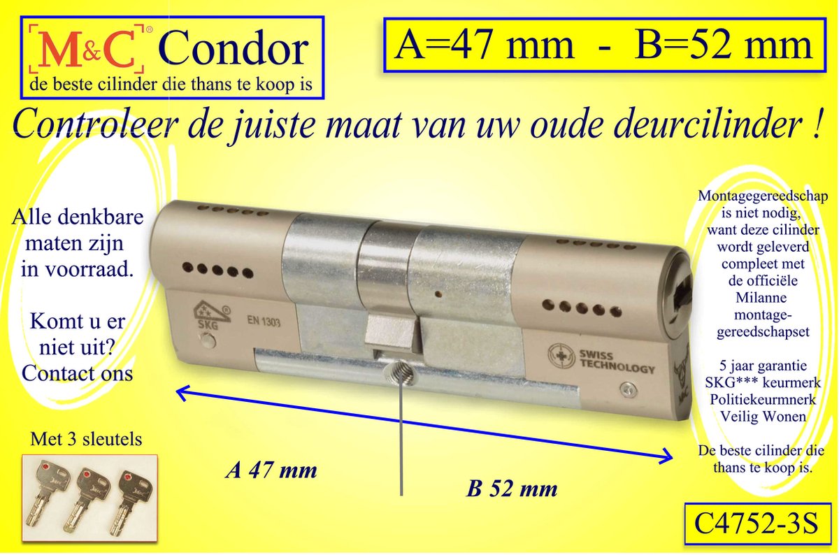 M&C Condor - High Security deurcilinder - SKG*** - 47x52 mm - Politiekeurmerk Veilig Wonen - inclusief gereedschap montageset