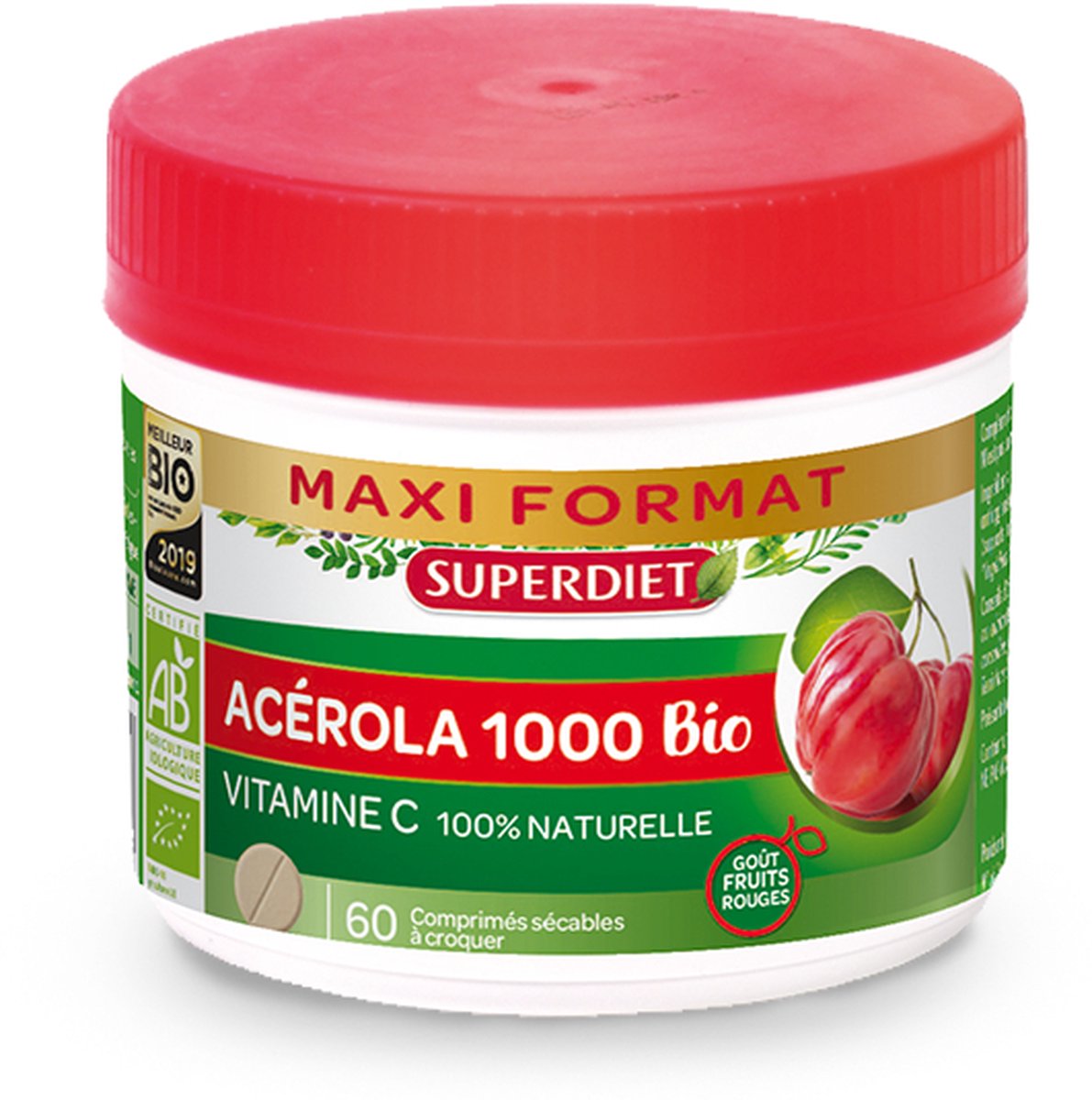 Goedkoopste SuperDiet - Maxi Pot Acerola 1000 Bio - Vitamine C - Tegen Vermoeidheid - 60 kauwtabletten