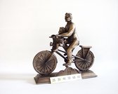 Sculptuur - 20 cm hoog - man met kind op de fiets - bronzen beeld