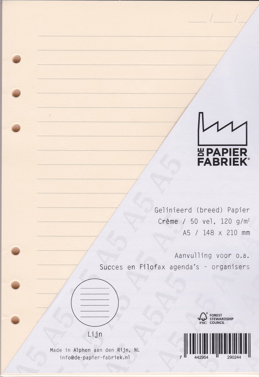 Aanvulling / Navulling Gelinieerd Ivory / Cremè 120gram Notitiepapier 50 Vel Geschikt voor A5 Planners o.a. Filofax Clipbook