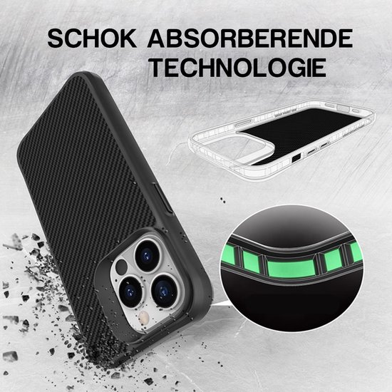 Zwart carbon fiber hoesje, schokabsorberende technologie, omringd door vallende stenen.