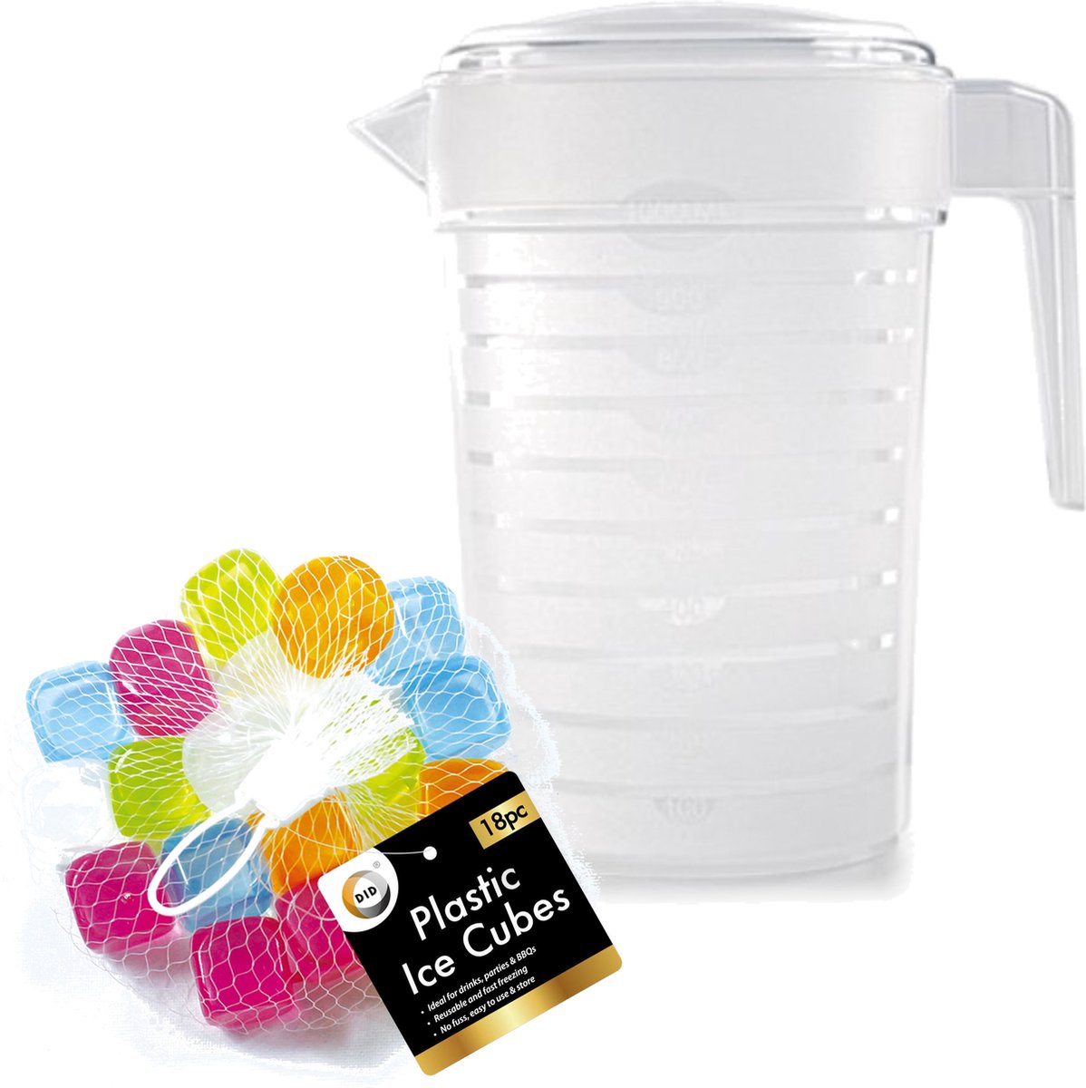 Set water/sap/schenkkannen set van 2x stuks met deksels van 1000 ml met 18x herbruikbare ijsklontjes - Gekoelde drankjes serveren