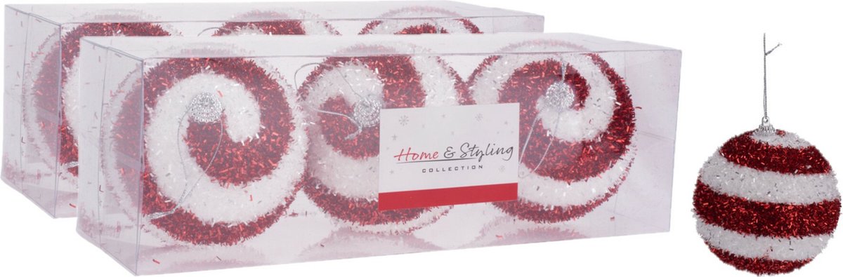 6x stuks gedecoreerde kerstballen rood/wit kunststof diameter 10 cm - Kerstboom versiering
