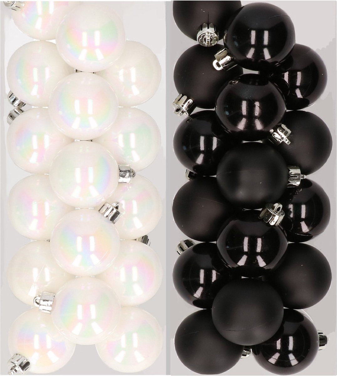 32x stuks kunststof kerstballen mix van parelmoer wit en zwart 4 cm - Kerstversiering
