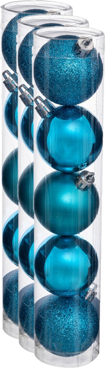 15x stuks kerstballen turquoise blauw glans en mat kunststof diameter 5 cm - Kerstboom versiering