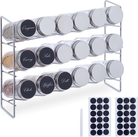 Étagère à épices en métal doré pour 18 pots en verre, avec des pots remplis d'épices et des étiquettes vierges. Comprend 36 autocollants ronds noirs et un stylo.