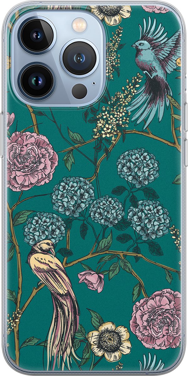 Hoesje geschikt voor iPhone 13 Pro - Vogels Japanse bloemen - Soft Case - TPU - Bloemen - Groen - Mooie Telefoonhoesjes