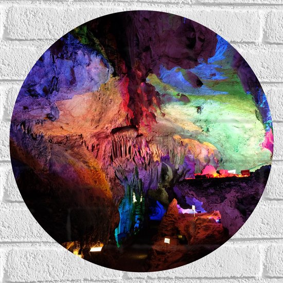 WallClassics - Muursticker Cirkel - Gekleurde Lichten in een Grot - 50x50 cm Foto op Muursticker