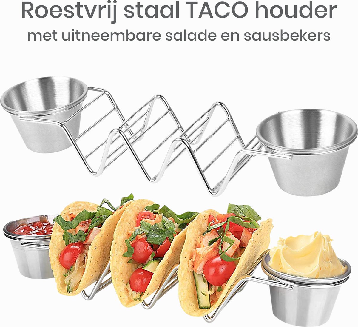 Knutz® Taco Houder – Tortilla Houder – Taco en Tortilla Rekje – Taco Standaard – Voor 3 Stuks – Inclusief 2 Sausbakjes – RVS