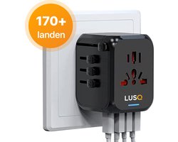 LUSQ® Reisstekker voor Wereld -- Wereldstekker Universeel - 1 USB-C & 3 USB-A - Reisadapter Wereld: Amerika (USA), Engeland (UK), Australië, Zuid Amerika, Afrika, Italië, Thailand - Zwart
