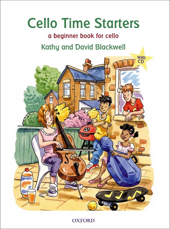 Livre 'Cello Time Starters' avec illustration d'enfants jouant du violoncelle dans un jardin, avec un CD.