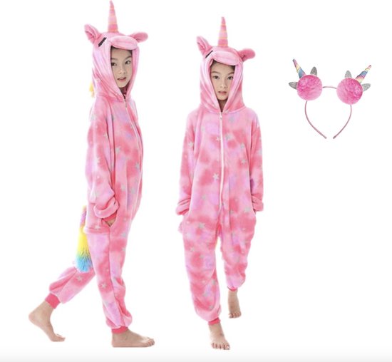 Joya Beauty® Eenhoorn Onesie | Unicorn roze huispak | Verkleed kostuum kinderen | verkleedkleding jurk | Maat 140-146 (140) + Haarband | Cadeau meisje