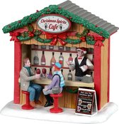 Een kersttafereel van een café met de tekst 'Christmas Spirits Cafe' en een menu.