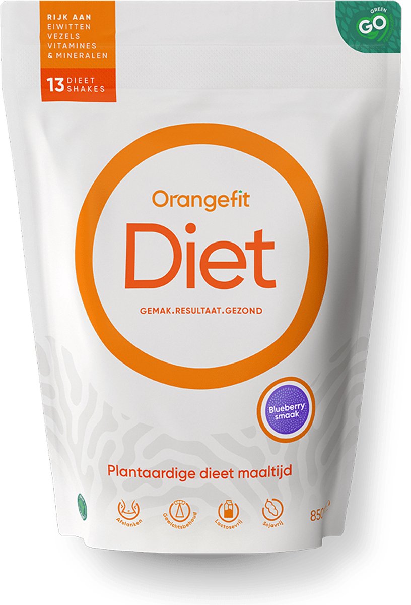 Goedkoopste Orangefit Diet Vegan Afslankshake - Maaltijdvervanger / Maaltijdshake - Afvallen & Diëten - 850g (13 shakes) - Bosbes - Nr 1 Consumentenbond