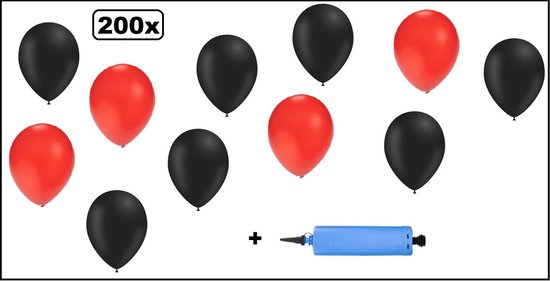 200x Ballonnen zwart en rood + ballonpomp - Ballon carnaval festival feest party verjaardag landen helium lucht thema