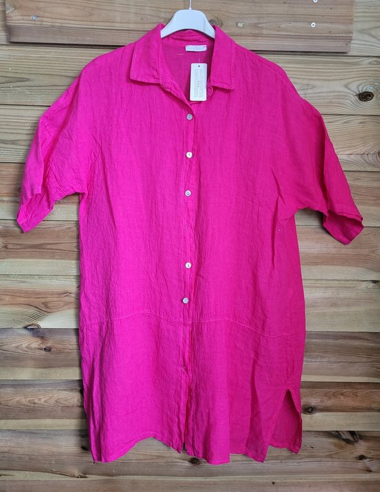 Robe chemise en lin à manches 7/8 de couleur ROSE, avec fentes, nouée Taille 44