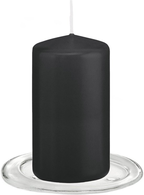 Trend Candles - Stompkaarsen met glazen onderzetters set van 2x stuks zwart 6 x 12 cm