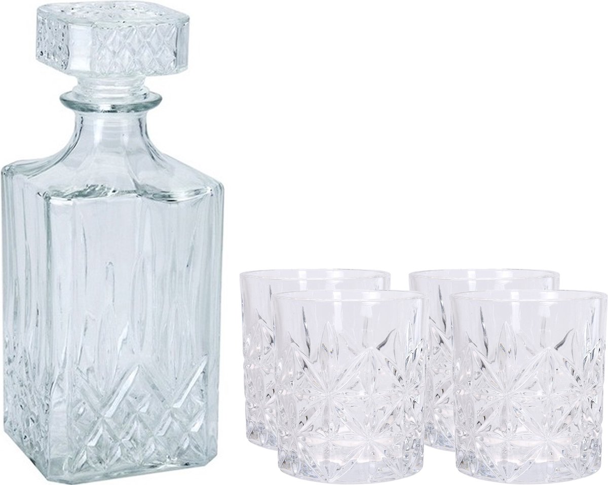 Atmos Fera glazen whisky/water karaf 900 ml met 4x luxe whiskyglazen 230 ml - Genieters of cadeau set