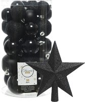 Boules de Noël Decoris 30x pièces - noir 4/5/6 cm mélange plastique mat/brillant/paillettes et visière plastique 19 cm