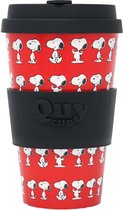 Quy Cup 400 ml - Gobelet de voyage écologique - Peanuts Snoopy Red - Sans BPA - Fabriqué à partir de Bouteilles en PET recyclées avec couvercle en Siliconen noir