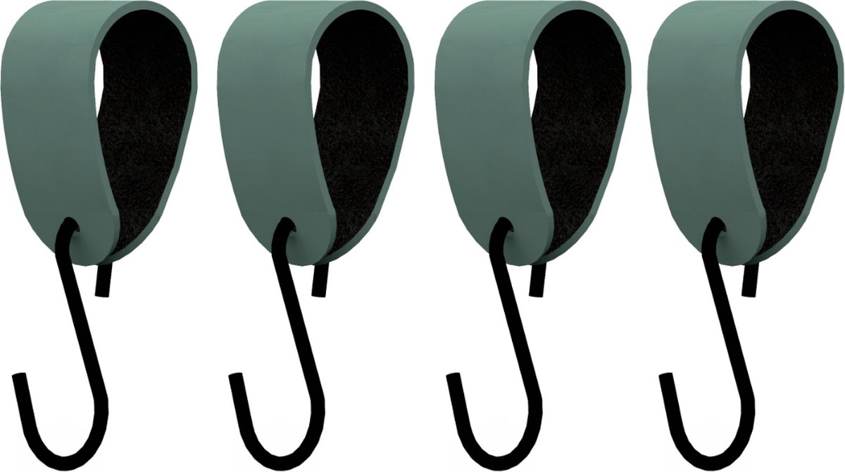 S-haakje Zwart + leren hanger: VAALGROEN - Maat M - set van 4 (S-haakjes - kapstokhaakje -
