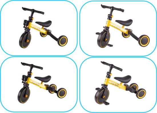 Fix Mini tricycle tricycle 3 en 1 avec pédales - jusqu'à 30 kg - de 1,5 à 4 ans - jaune noir - vélo d'équilibre - bon pour le développement - cadre en aluminium