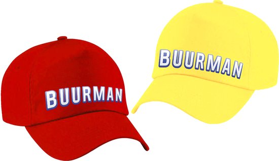 Twee baseballpetten, één rood en één geel, beide met 'BUURMAN' in witte letters met blauwe rand.