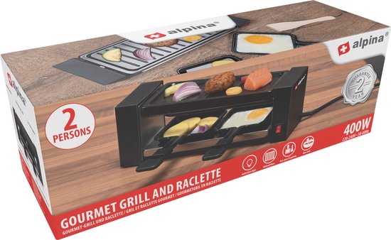 alpina Raclette Gourmet Set - 400 W -Raclette en Grill - Anti-Aanbaklaag - RVS - Makkelijk Meenemen - Zwart — afbeelding 4