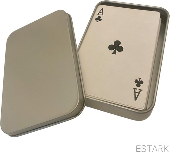 Thumbnail van een extra afbeelding van het spel ESTARK® Luxe Speelkaarten in Metal BOX - Plastic Coating - Poker Kaarten - kaartspel - Spelkaarten - Spel Kaart - 56 Kaarten - Gezelschapsspel - Spelen - Playing Cards - In Blik