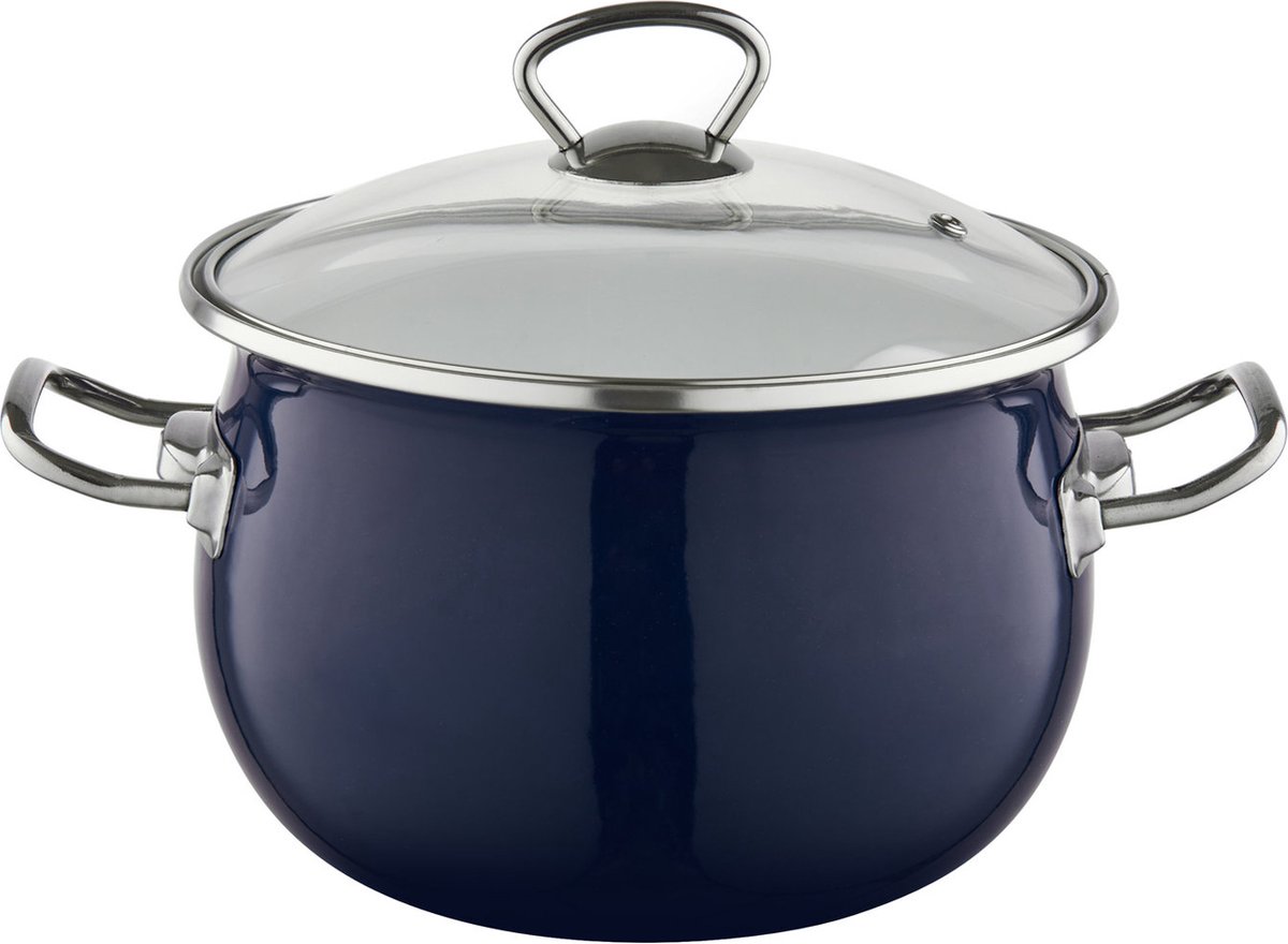 Emalia Berry kookpan – 22 cm – 4,25 L – Marineblauw/Crème – Geëmailleerd staal – Inclusief glazen deksel