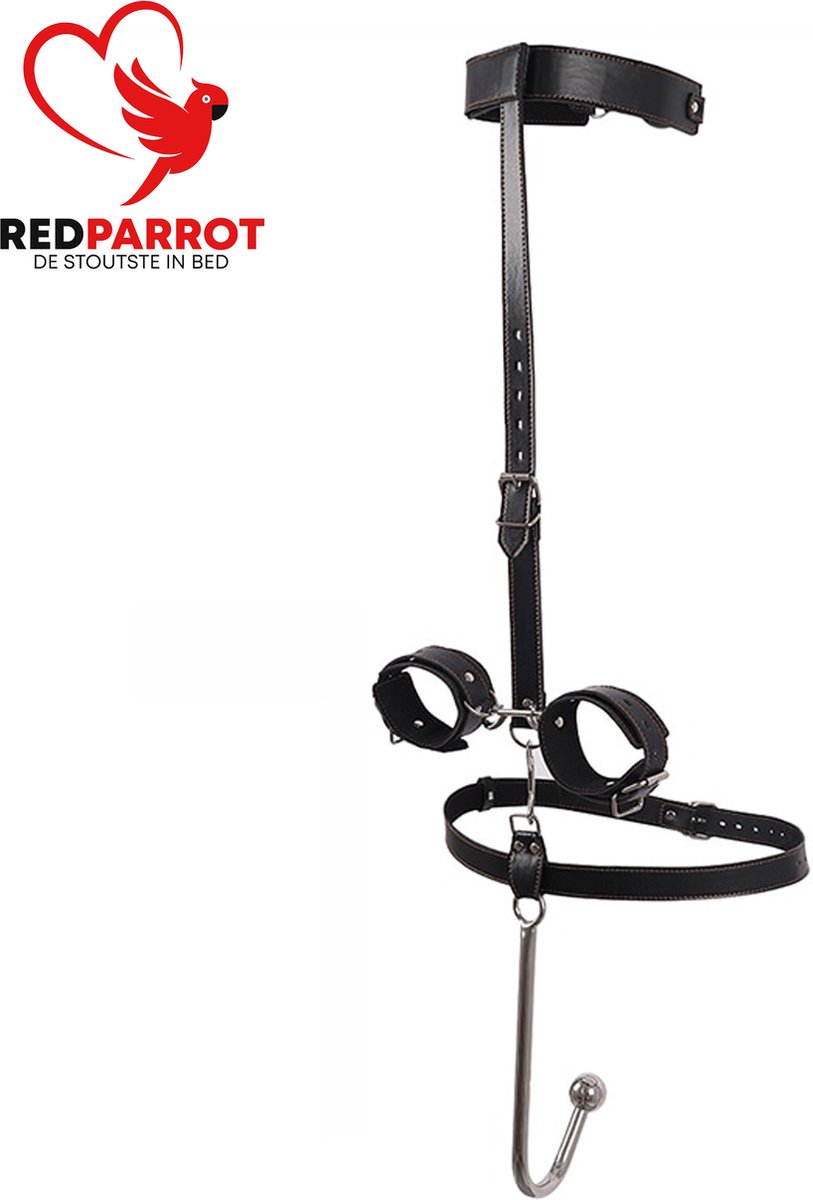 Goedkoopste 3-delige bondage met Anale haak Deluxe | Gag mondknevel | Handboeien | Halsband | BDSM | SM | Luxe stevig Leder | One size | Verstelbaar