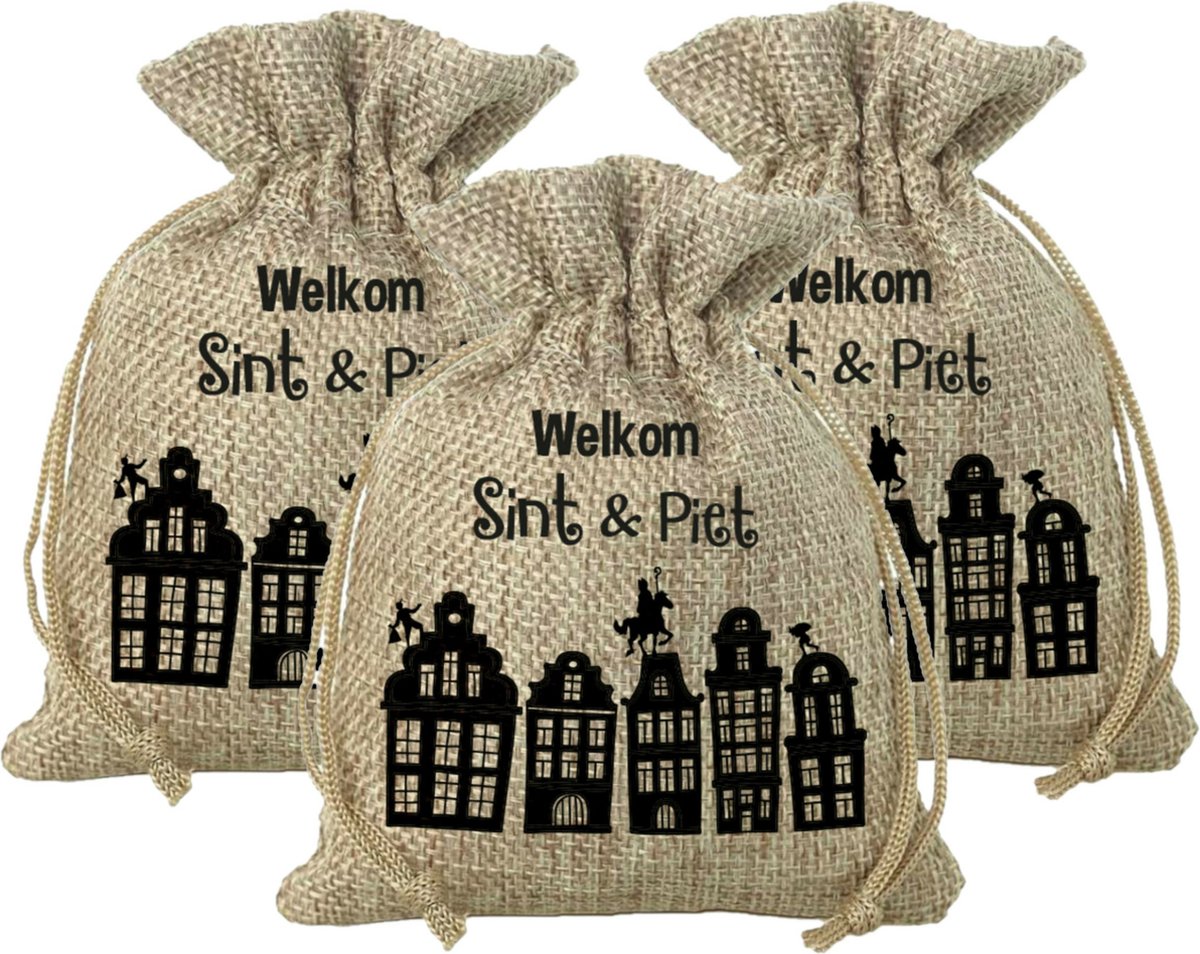 Mini Sinterklaas jute cadeauzak Welkom Sint en Piet - Pakket van 3x stuks - Strooizak met koord - 18 x 25 cm