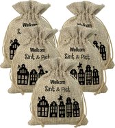 Pakket van 10x stuks mini Sinterklaas jute cadeau zakken Welkom Sint en Piet print - Strooizak met koord - 18 x 25 cm