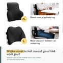 Zwarte rugsteunen in maat L en XL, met uitleg over geschiktheid voor rug.