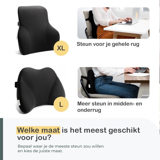Zwarte rugsteunen in maat L en XL, met uitleg over geschiktheid voor rug.