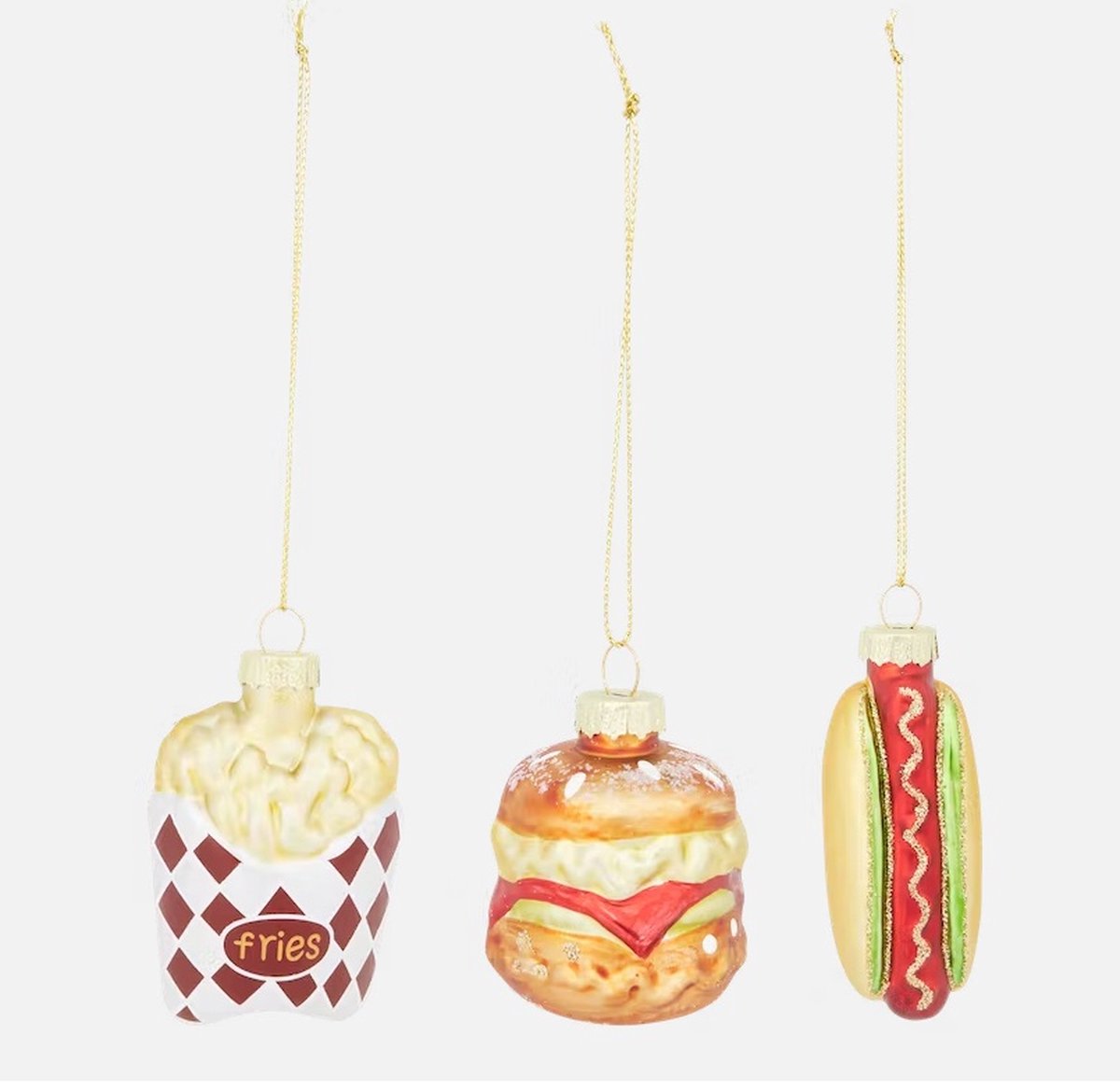 Cactula kerstbal hangers 3 stuks met eet thema Zakje patat Hamburger en Broodje hot dog
