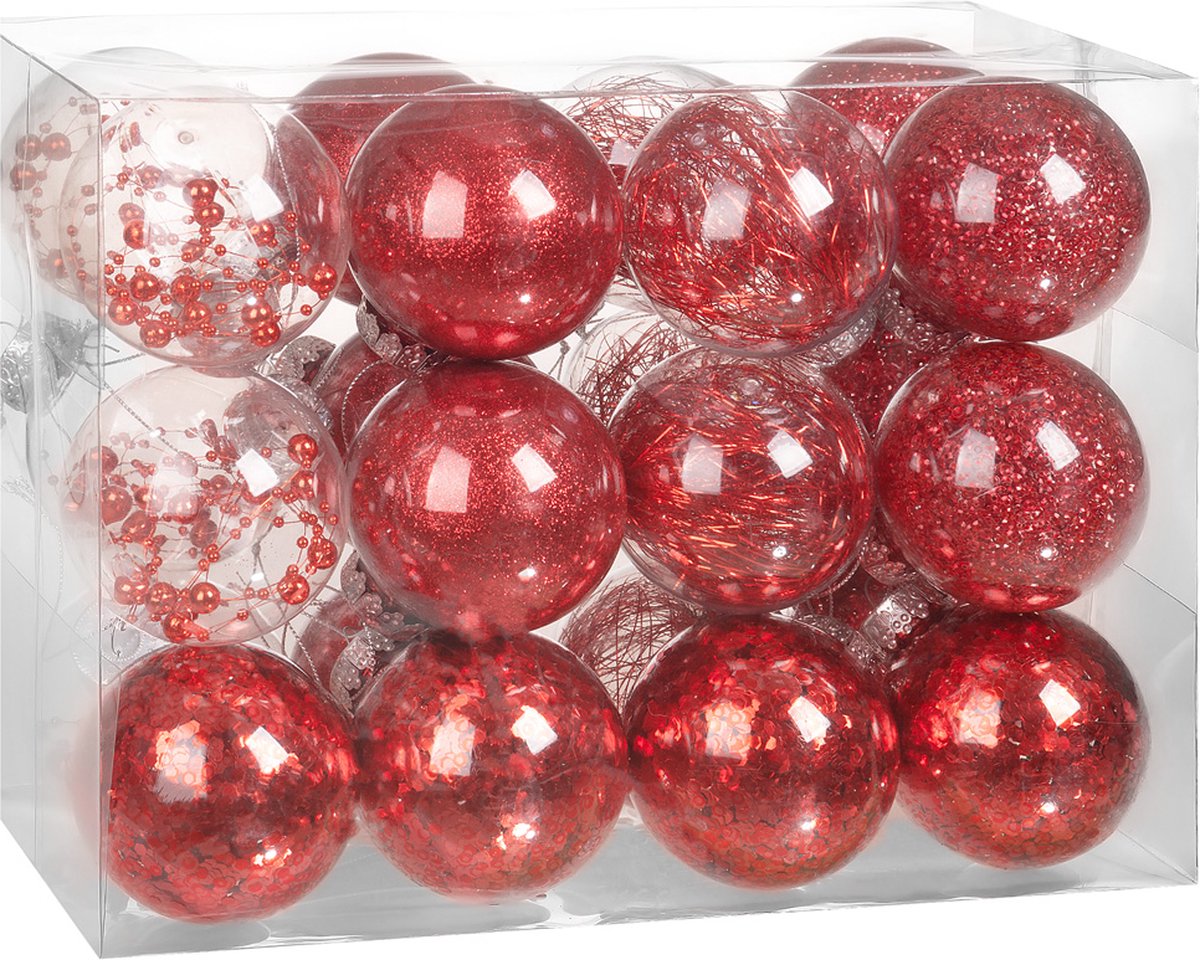 Kerstballen 24st - Ø7cm Kunststof Breukvast – Rood