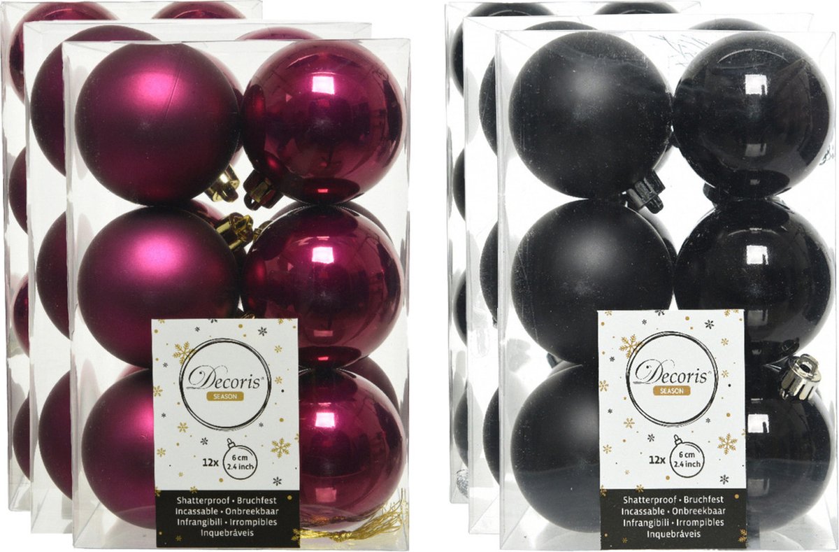 Kerstversiering kunststof kerstballen kleuren mix zwart/framboos roze 4-6-8 cm pakket van 68x stuks