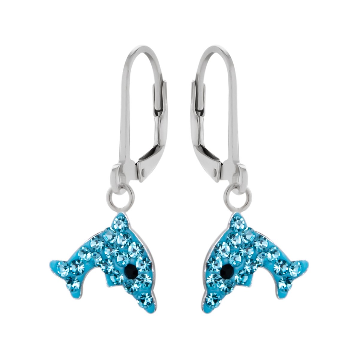 Oorbellen meisje | Zilveren kinderoorbellen | Zilveren oorhangers, dolfijn met blauwe kristallen