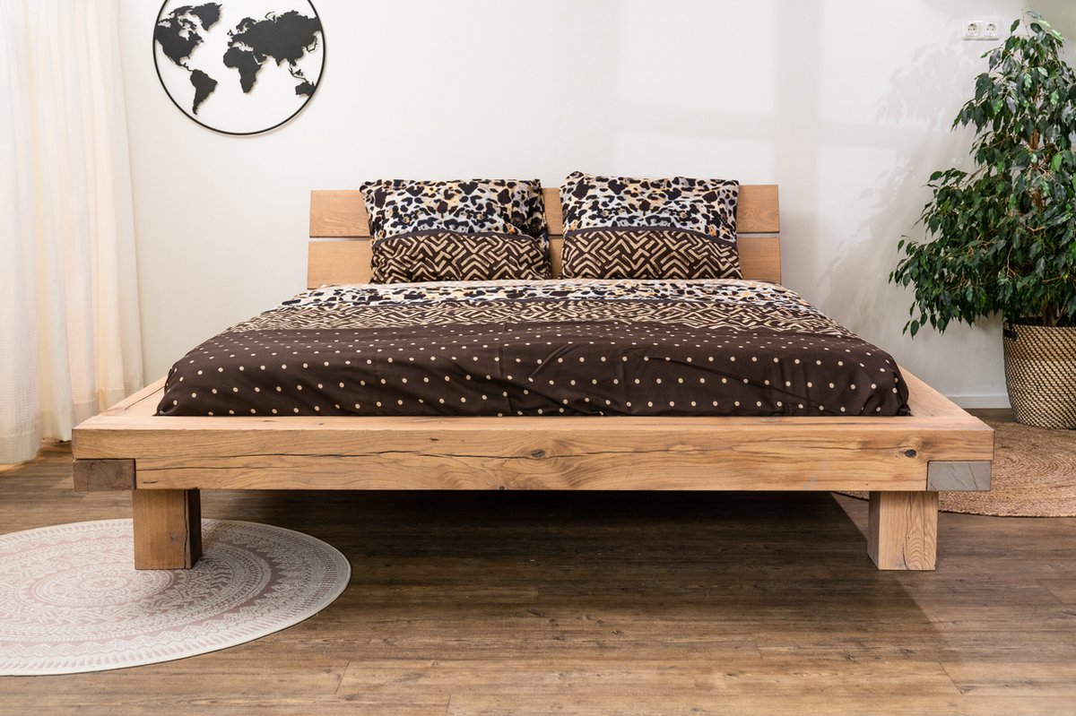 balken bed - puur natuur - massief eiken - inclusief hoofdbord - 160 x 200