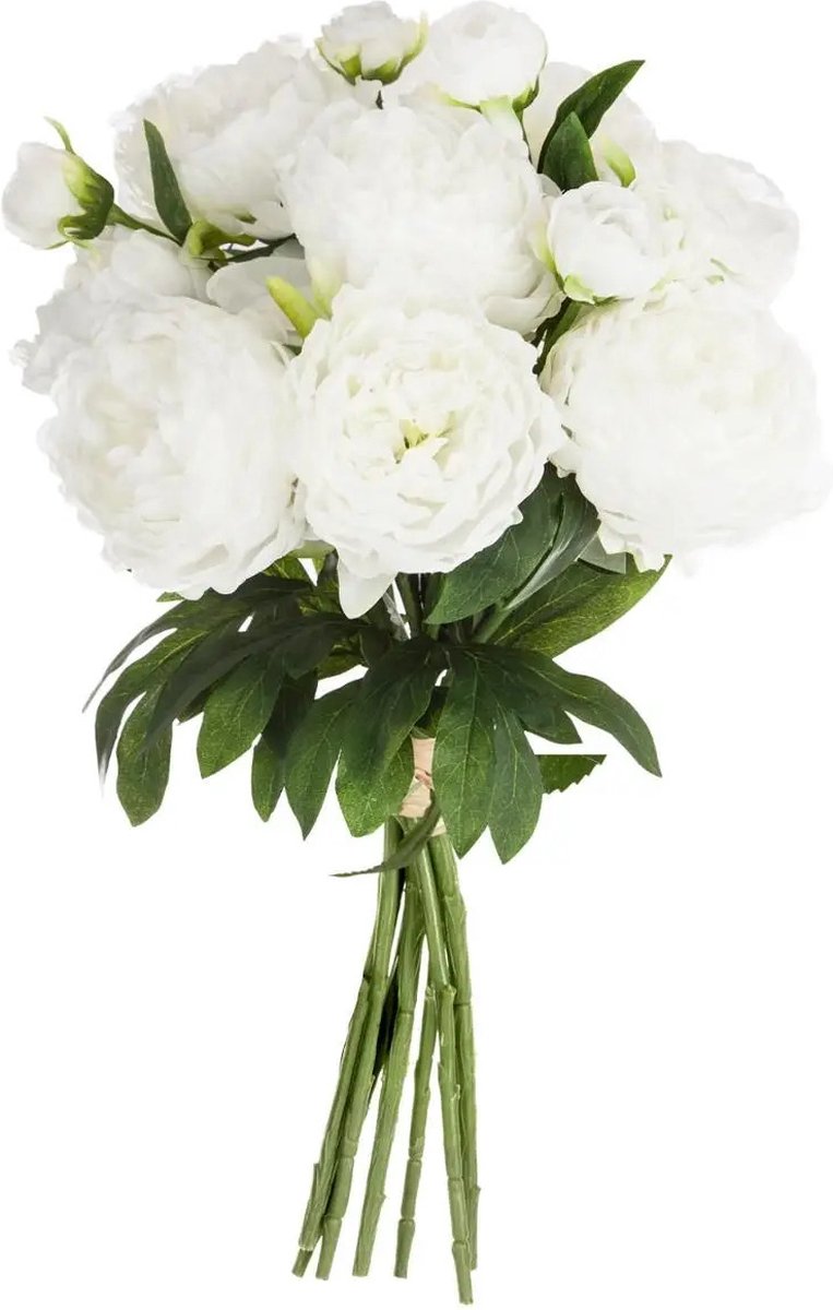 Atmosphera kunstbloemen - boeket - 13 pioenrozen - wit - 50 cm - bruiloft - bosje sierbloemen